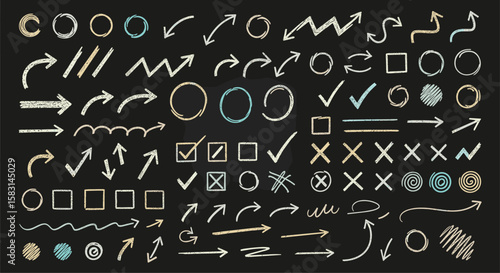 Collection of chalk style doodle icons featuring arrows circles checkmarks and geometric shapes on a textured black background