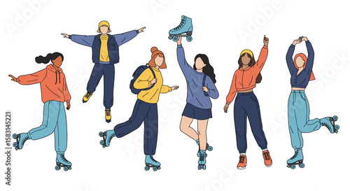 Diverse group of young women enjoying roller skating outdoors in a vibrant and energetic style celebrating active lifestyle and friendship