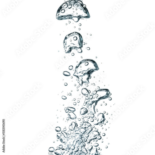 Photo of a captivating cascade of clear water bubbles rises and dissipates, creating an abstract pattern of fluid motion against a stark transparent background