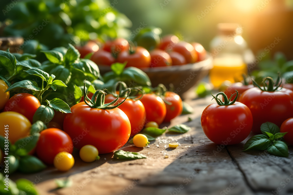Fresh Tomatoes and Basil Still Life on Wooden Board in Sunlight Fresh Tomatoes and Basil Still Life on Wooden Board in Sunlight