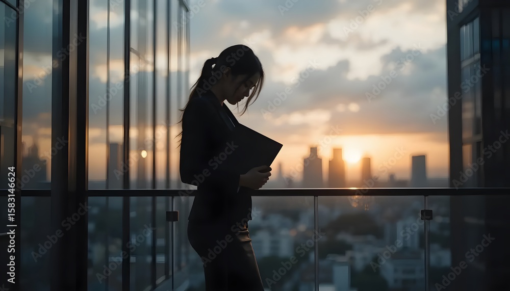 Fototapeta premium Business woman silhouette with city skyline at sunset corporate professional career success