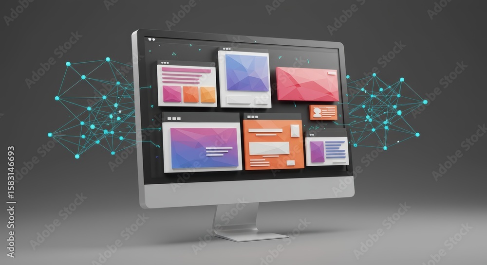 Modern Digital Interface Design Showcase with Interconnected Network Visuals and Application Windows Displayed on a Computer Monitor Modern Digital Interface Design Showcase with Interconnected Network Visuals and Application Windows Displayed on a Computer Monitor