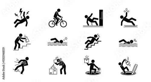 Collection of hazard and safety warning pictograms depicting various accidents and dangers