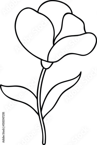 Black silhouette flower with large petals and detailed stem line art vector design