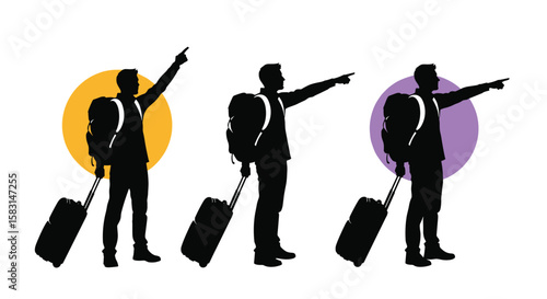 Adventurous travelers pointing in different directions with colorful circles representing destinations exploration and discovery journeys
