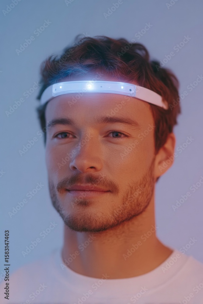 Fototapeta premium portrait of man wearing neural interface headband in futuristic room