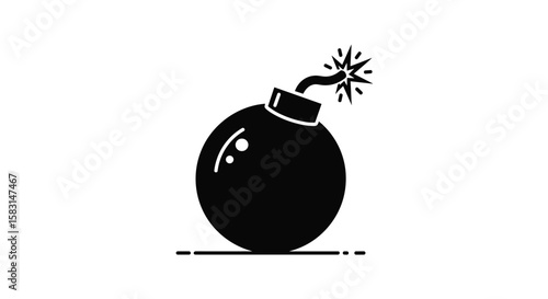 Explosive device illustration featuring a round black bomb with a lit fuse ready to detonate imminent danger warning symbol