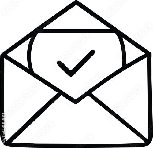 Hand-drawn illustration of an open envelope with a checkmark, symbolizing confirmed email, message received, successful...