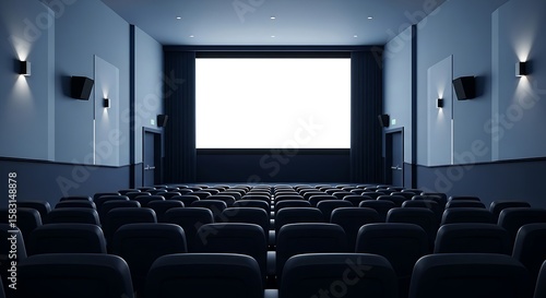 Empty modern movie theater with blank screen and comfortable seating design