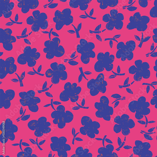 Seamless pattern with hand drawn meadow bold flowers. Floral Block Prints inspired by printmaking that uses wooden blocks to transfer repeating designs onto textiles.