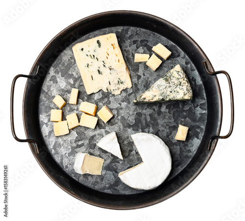 Assorted gourmet cheese platter featuring parmesan, blue mold cheese, camembert, and aged cheeses on rustic black tray with a transparent background