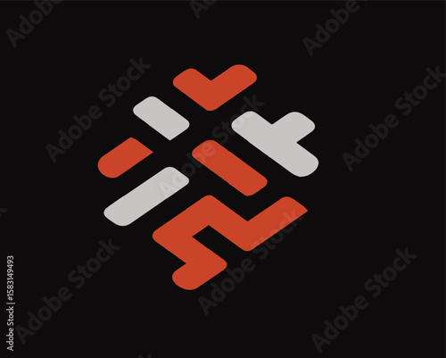 Abstract Geometric Shape with Red and Gray Rounded Blocks on Black Background