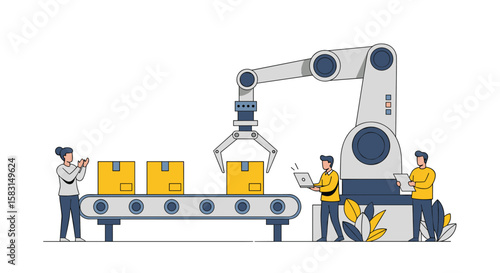 Automated robotic arm assembly line with workers supervising production process in a modern factory environment