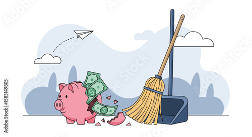 Broken piggy bank spills money being swept into dustpan financial disaster cleanup concept