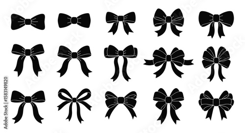Collection of black textured bows decorative elements for design and crafts