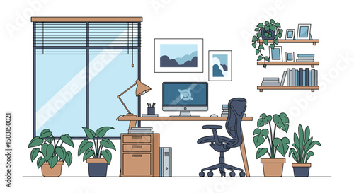 Modern pixel art home office setup with natural light and green plants for productive work