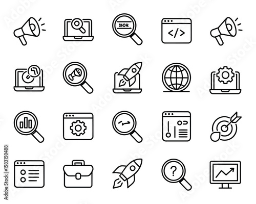 SEO Vector Icon Set - Marketing, Analytics, Optimization, Search, Ranking, Growth, Keywords, Rocket, Traffic, Coding, Settings, Strategy - Adjustable Line Weight