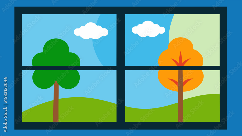 Fototapeta premium Creative Cartoon Window View Through Four Seasonal Panels