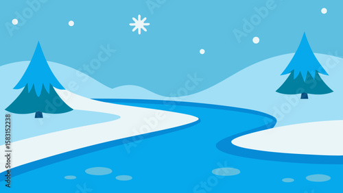 Magical Cartoon Frozen River with Gently Falling Snowflakes