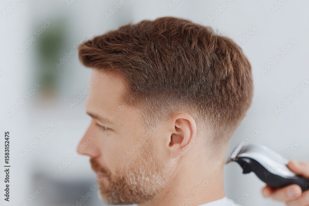 Obraz premium side view of barber using electric clippers to fade sideburn on male client