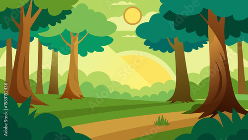 Bright Cartoon Sunlit Forest Glade Bathed in Golden Light