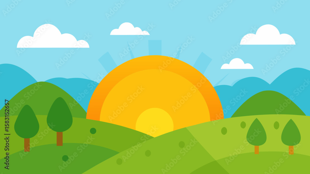 Obraz premium Lush Cartoon Spring Hills Bathed in Gentle Sunshine