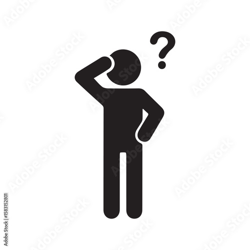 Thinking person icon, confused stick figure scratching head with question mark, symbolizing a problem or doubt.