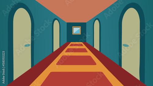 A Cartoon Quiet Hallway with a Patterned Rug
