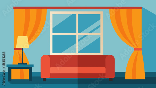 A Cartoon Living Room with a Big Window and Curtain