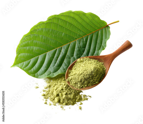 Kratom leaf and powder herbal remedies natural products. Isolated on transparent background, png.