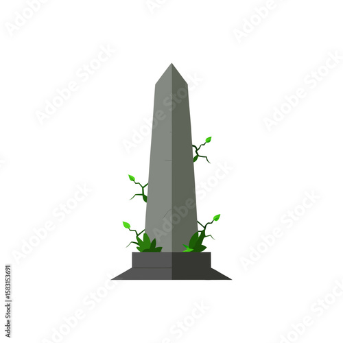 ancient cracked obelisk with vines on white 