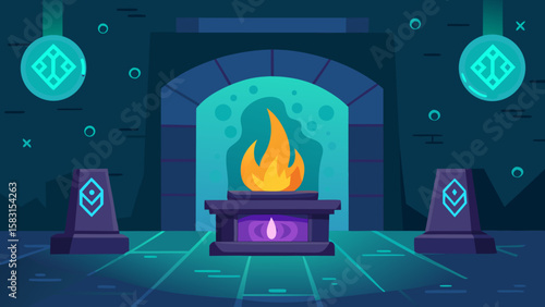 A Cartoon Magical Fireplace Room with Glowing Runes