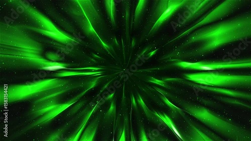 Lines, textures, and particles of green color, resembling jets or streams of energy, emerge from the center and spread throughout the video.