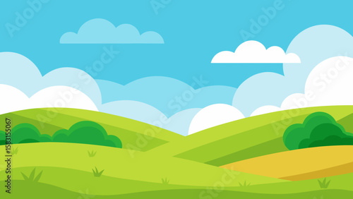 Wide Open Cartoon Grassland Featuring Hills and Clouds