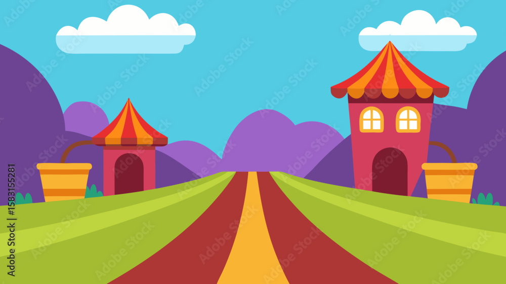 Fototapeta premium Charming Magic Cart Lane in a Vibrant Cartoon Village