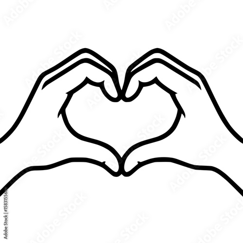 Black outline of hands making a heart gesture to represent love, connection, and care