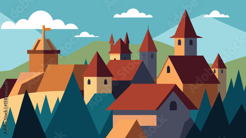 Scenic fantasy town rooftops viewed from a charming hilltop