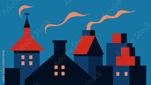 Whimsical enchanted rooftops with charming chimney smoke trails