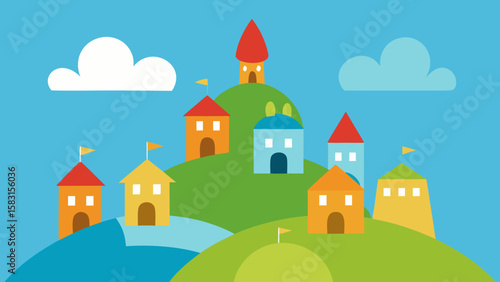 Charming whimsical cartoon hill town with adorable little rooftops