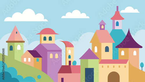 Charming cartoon town with whimsical rooftops and soft pastel colors