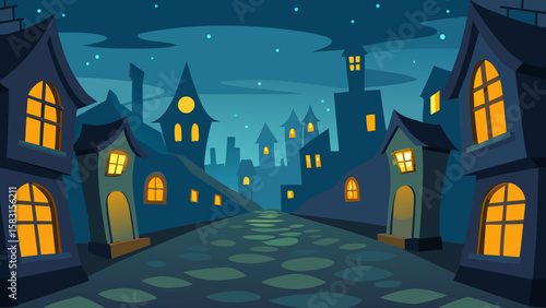 Magical cartoon enchanted town with charming cobblestone streets