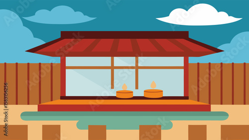 Serene Japanese style bathhouse cartoon background with soothing steam