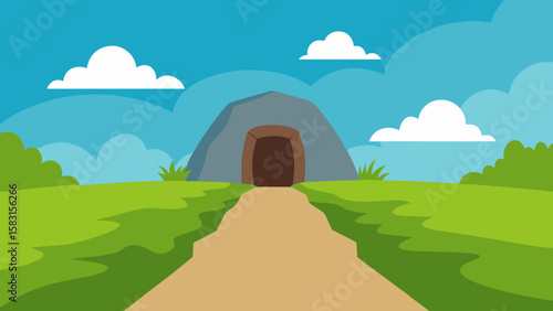 Mysterious cartoon stone path leading to a hidden cave entrance