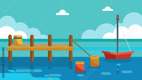 Charming cartoon seaside fishing dock with nets and wooden poles