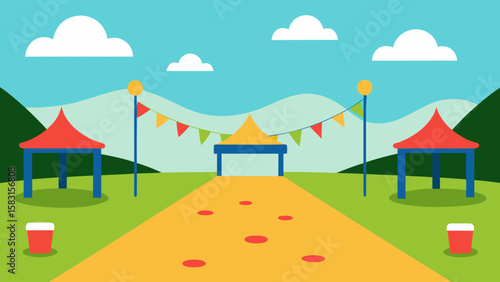 Vibrant bright cartoon festival grounds with quiet empty booths