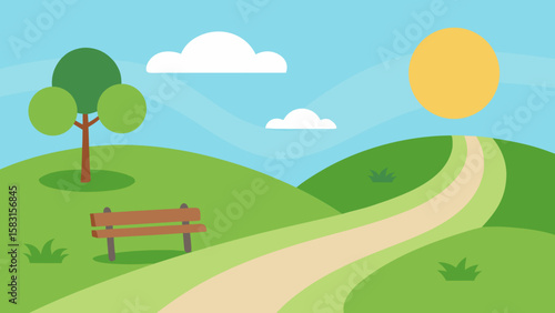 Idyllic springtime park scene with a winding path and soft green grass