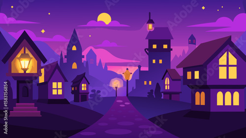 Enchanting magical fantasy town square with tiny houses and glowing lights