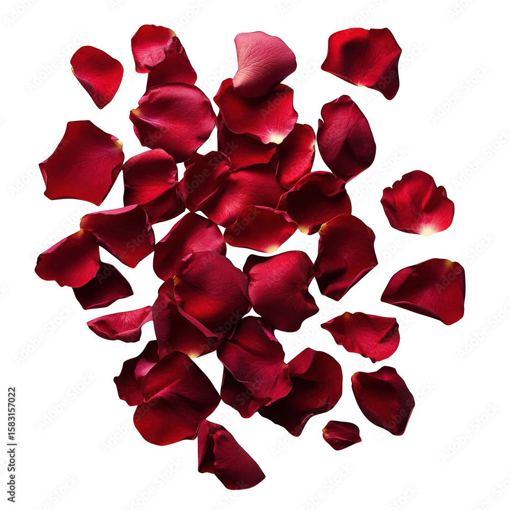Fototapeta premium A scattered collection of deep red rose petals with delicate veins and soft lighting isolated on transparent background