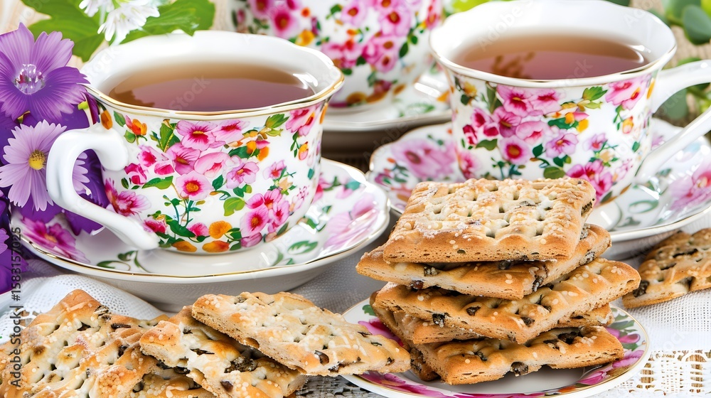 Fototapeta premium Elegant Floral Teacups with Hot Tea and Sweet Cookies - Cozy Afternoon Break