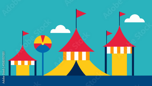 Lively amusement park featuring bright colorful flags waving